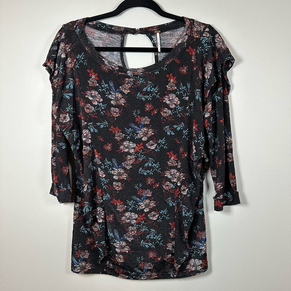 Free‎ People Large Black Red Blue Floral Ruffle 3/4 Sleeve Tunic Blouse Top
